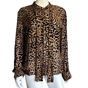 Laura Ashley Brown, Tan Tie Front Blouse with Mandarin Collar Size 16.